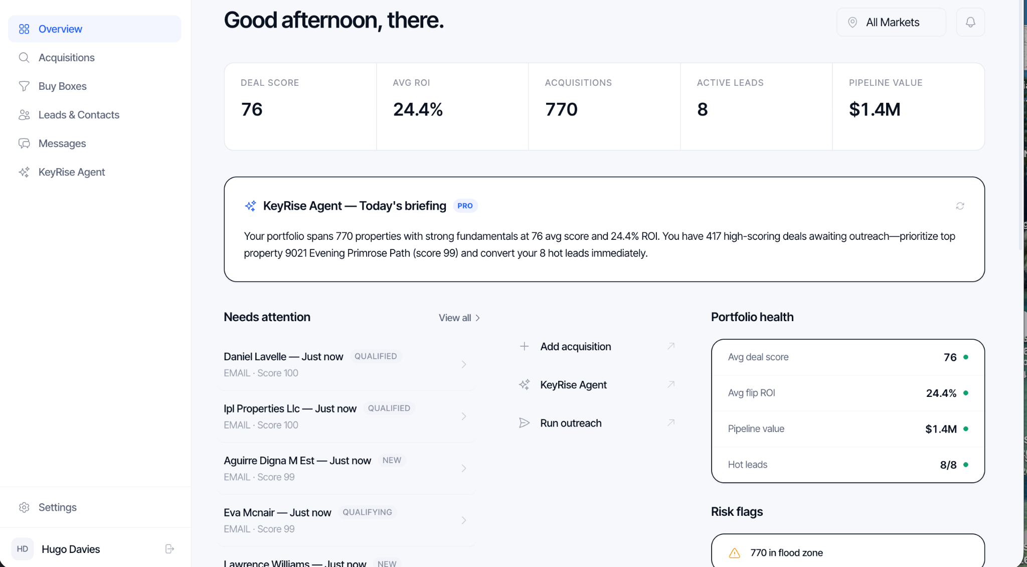 KeyRise Overview showing pipeline metrics, the agent's daily briefing, leads needing attention, and portfolio health.